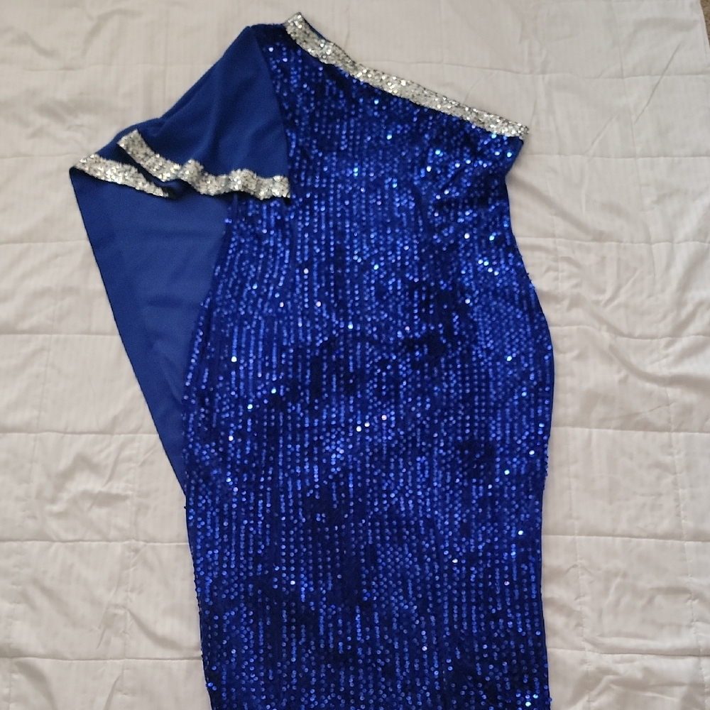 One-Shoulder Royal Blue Sequin Dress with Silver Trim
